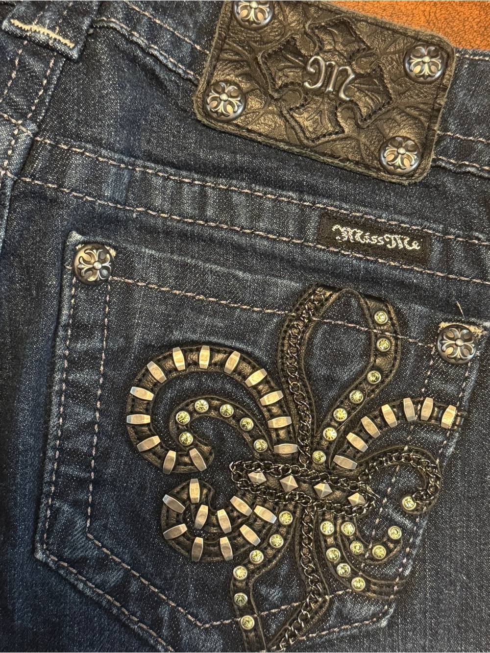 Miss Me Indigo Skinny Jeans with Studded Fleur-de-Lis
